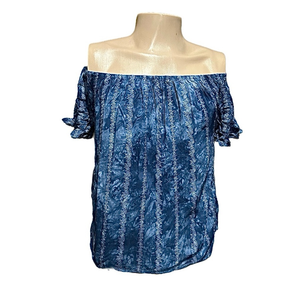 Women’s Knox Rose Off Shoulder Top in Tie Dye Blue with Embroidery and Cut Outs
